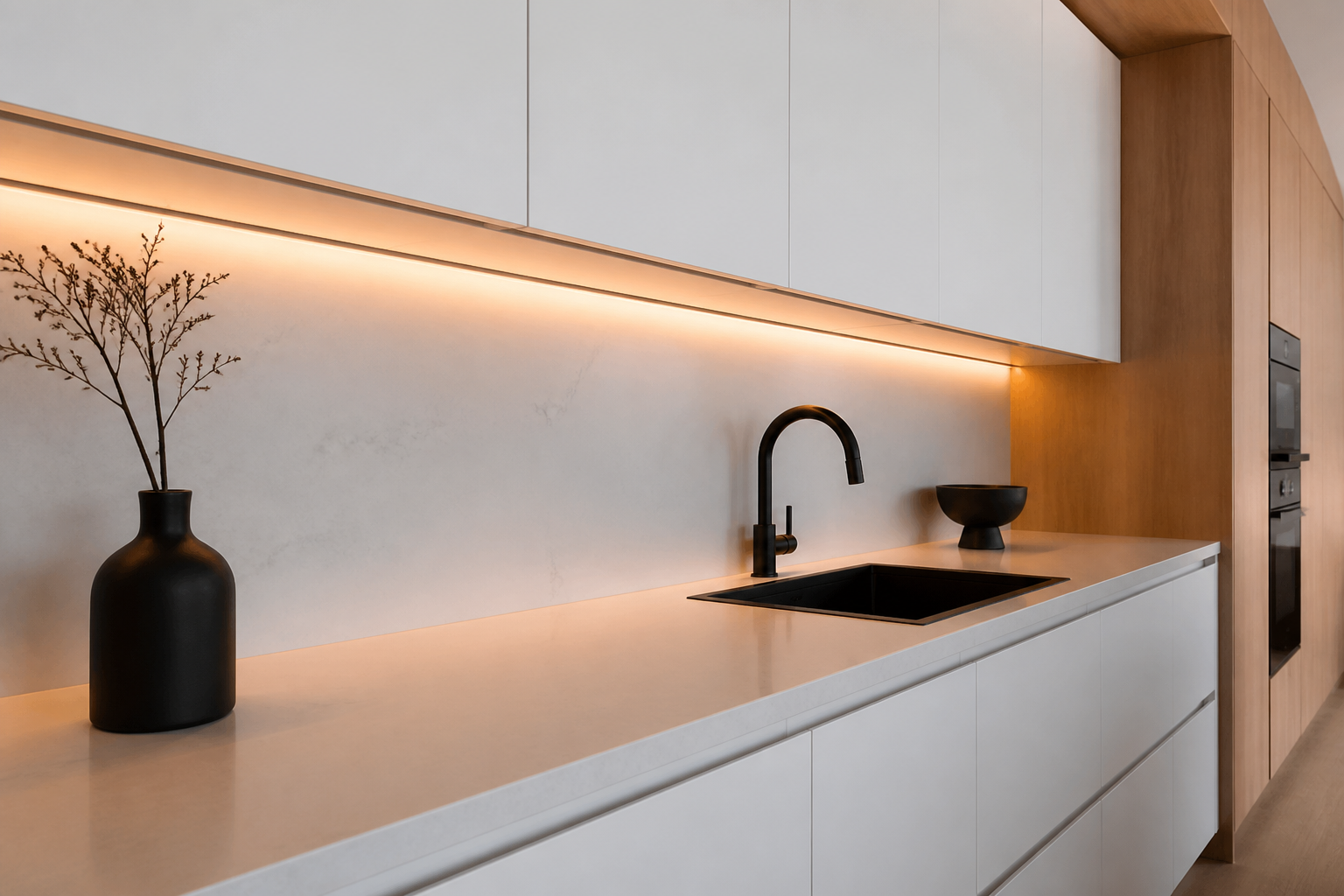 Premium custom kitchen cabinetry with orange under-cabinet lighting in a completed renovation