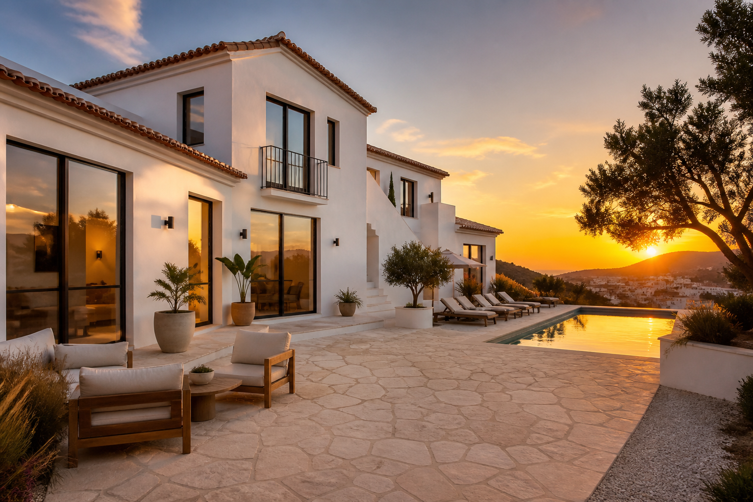 Renovated Mediterranean villa exterior with white walls and terracotta roof at golden hour