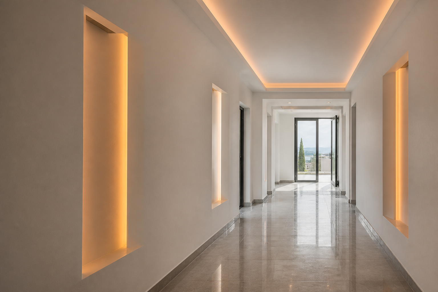 Completed modern interior corridor with recessed orange lighting and polished floor