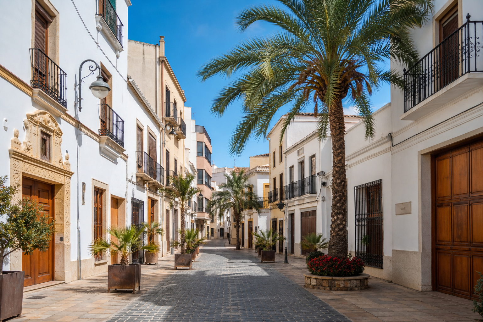 Mediterranean town streetscape with white buildings and palm trees in Alicante province
