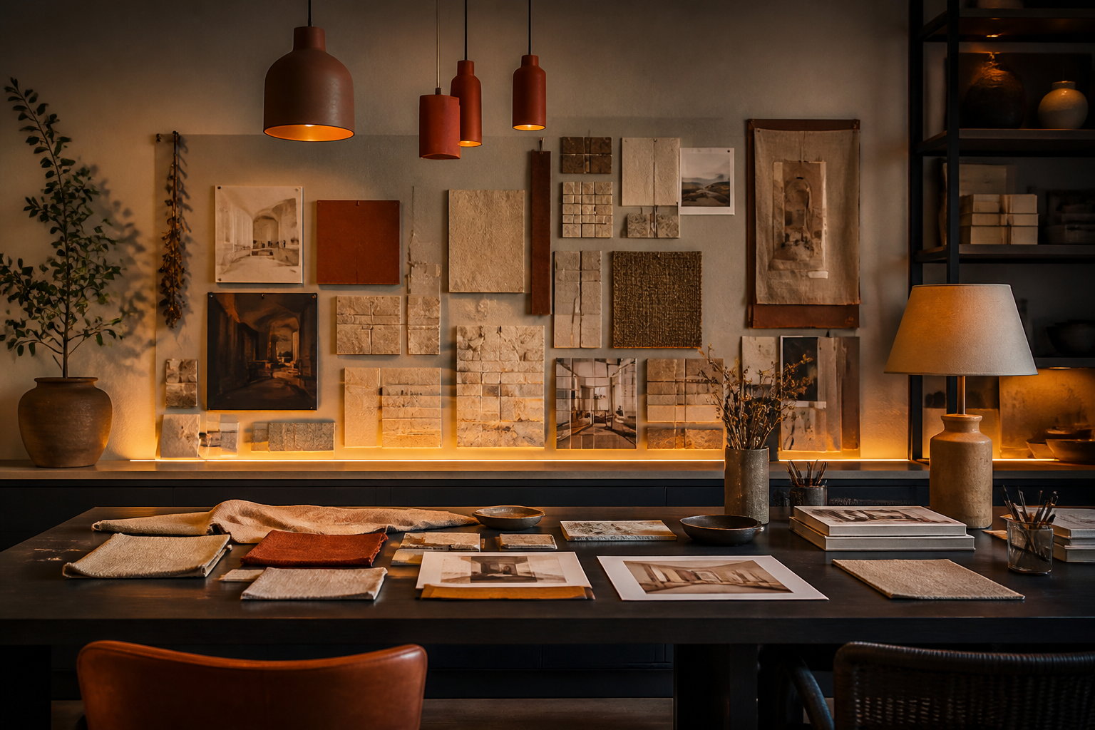Interior design studio with material samples and mood board for renovation projects