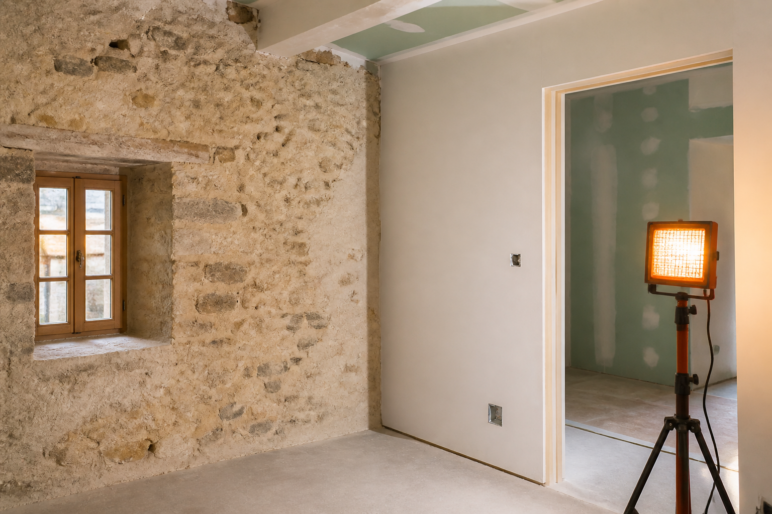 Heritage stone wall meeting new drywall partition during adaptive renovation