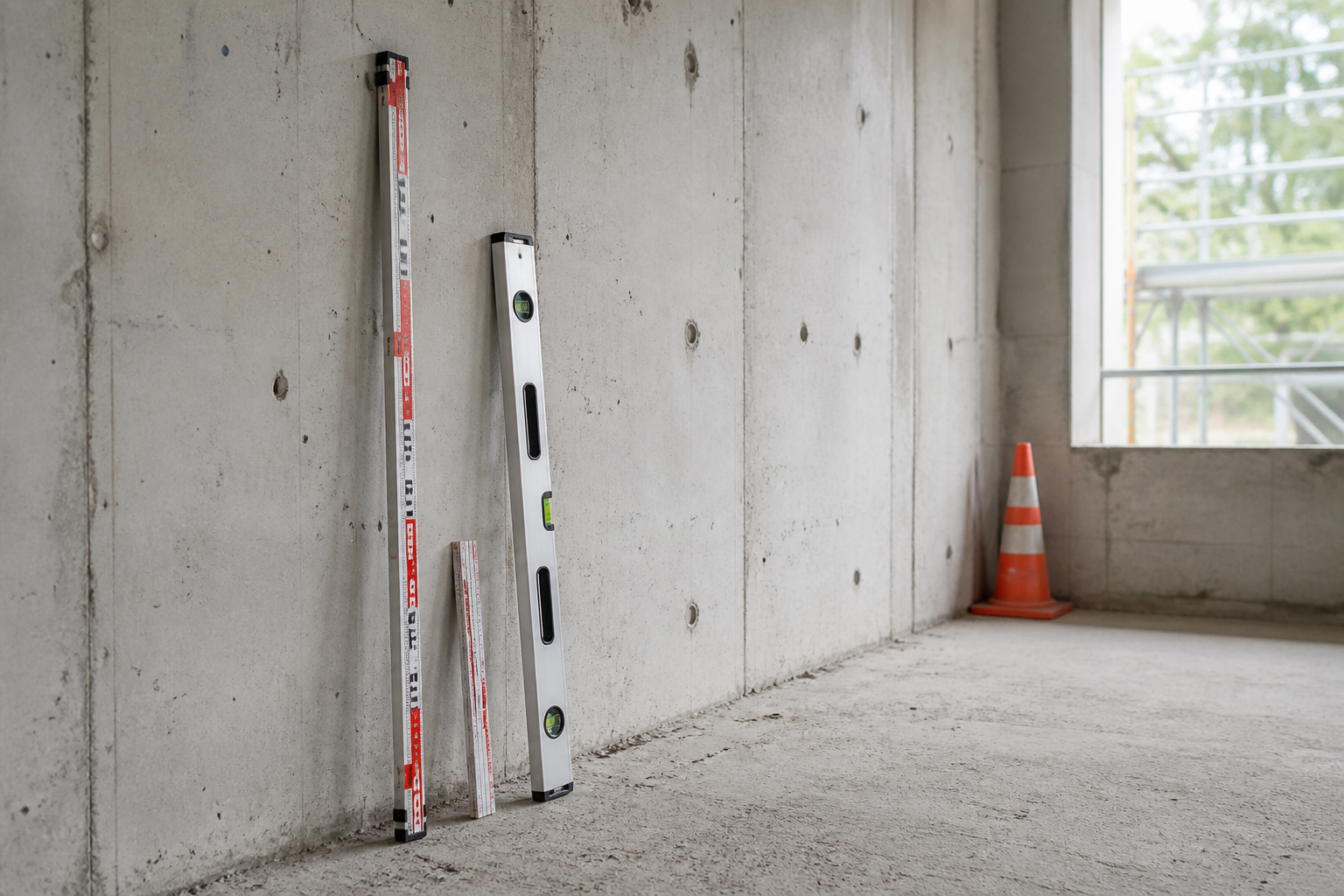 Measuring rods and spirit level against an unfinished concrete wall during site analysis