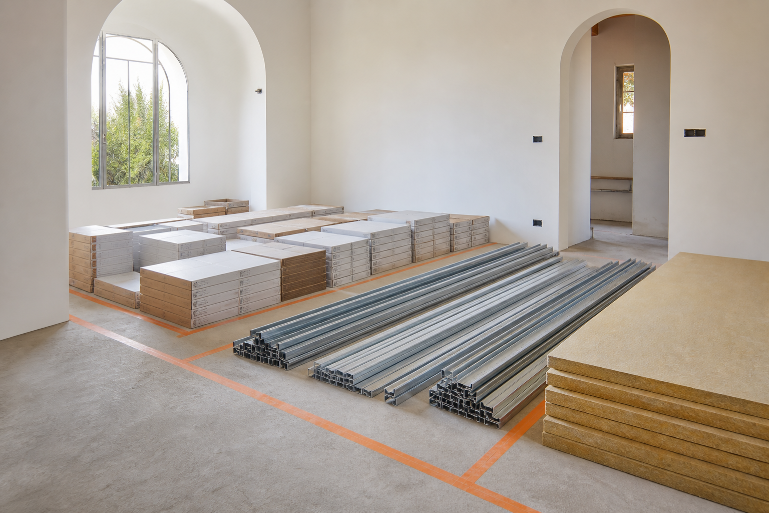Premium construction materials arranged in parallel rows with orange floor zones in a bright renovation interior