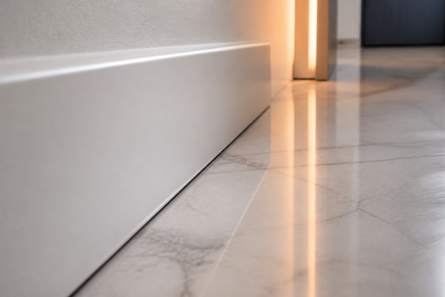 Precise finish detail where polished floor meets wall baseboard in a completed renovation