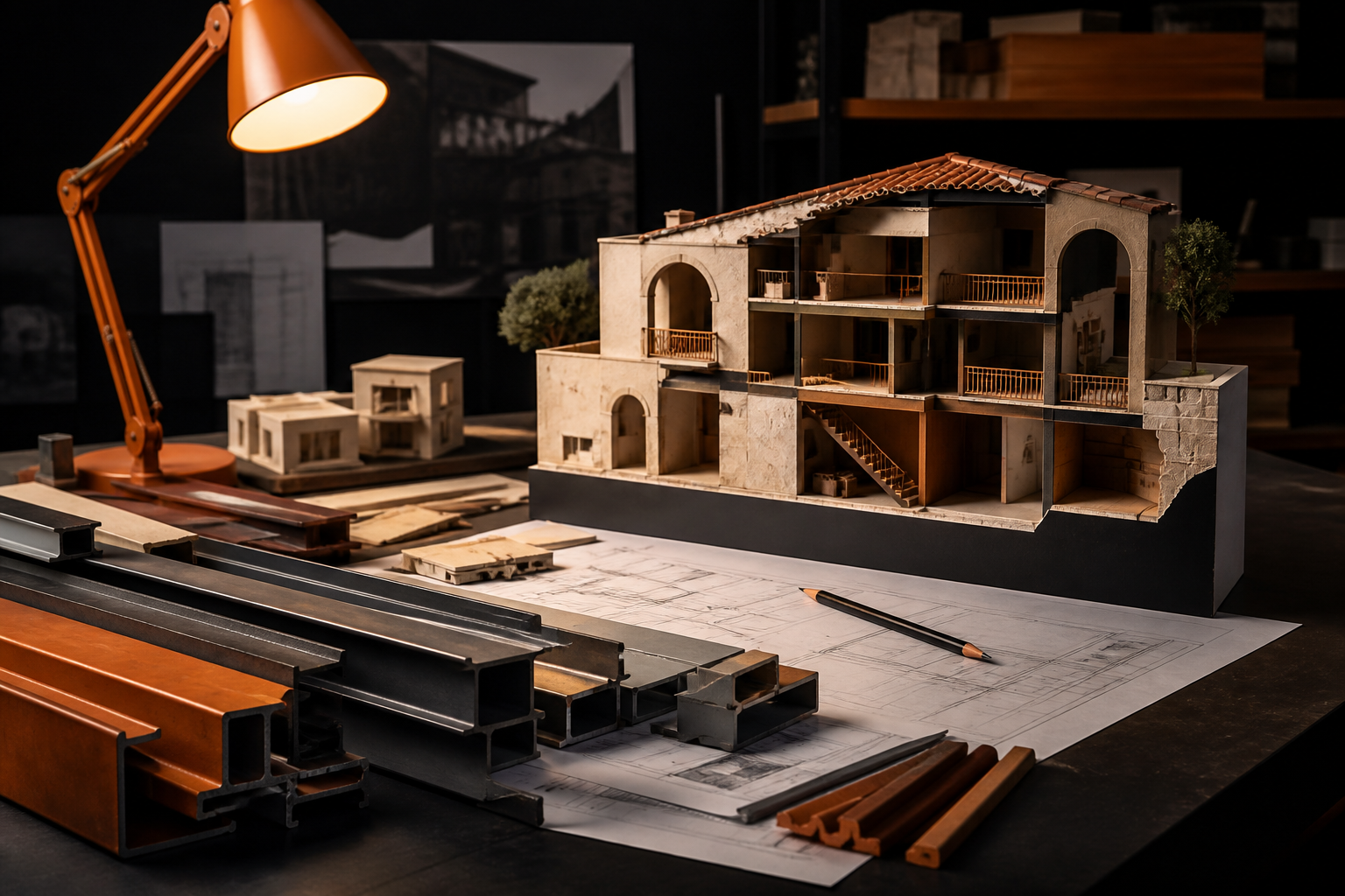 Architectural scale models and structural elements on a planning desk with warm orange lighting