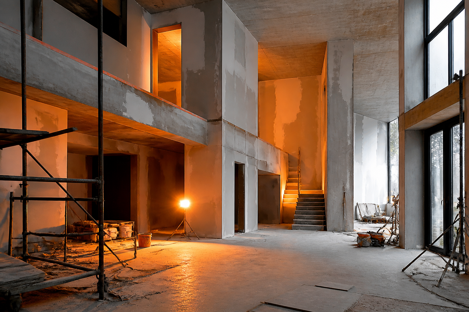 Modern interior renovation with warm lighting and structural finishing work