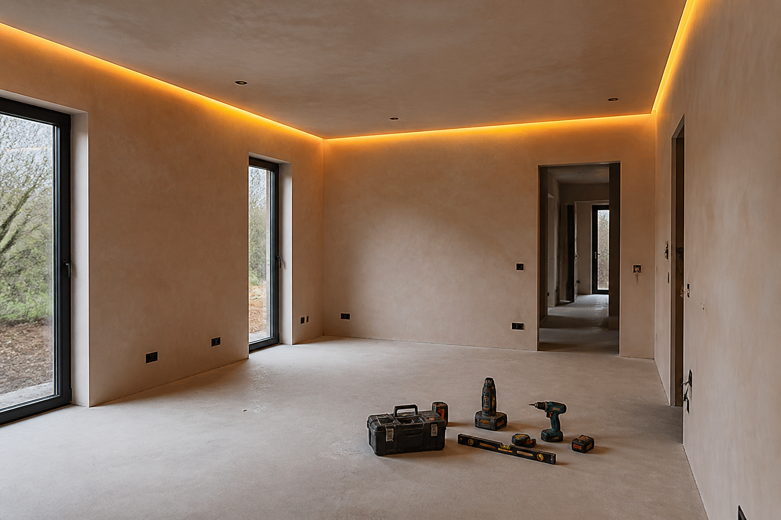 Interior space with freshly plastered walls and natural light