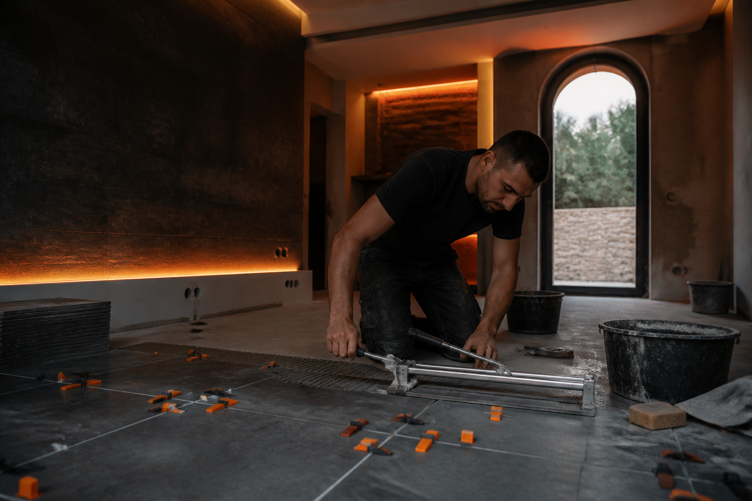 Professional tile installation during interior renovation