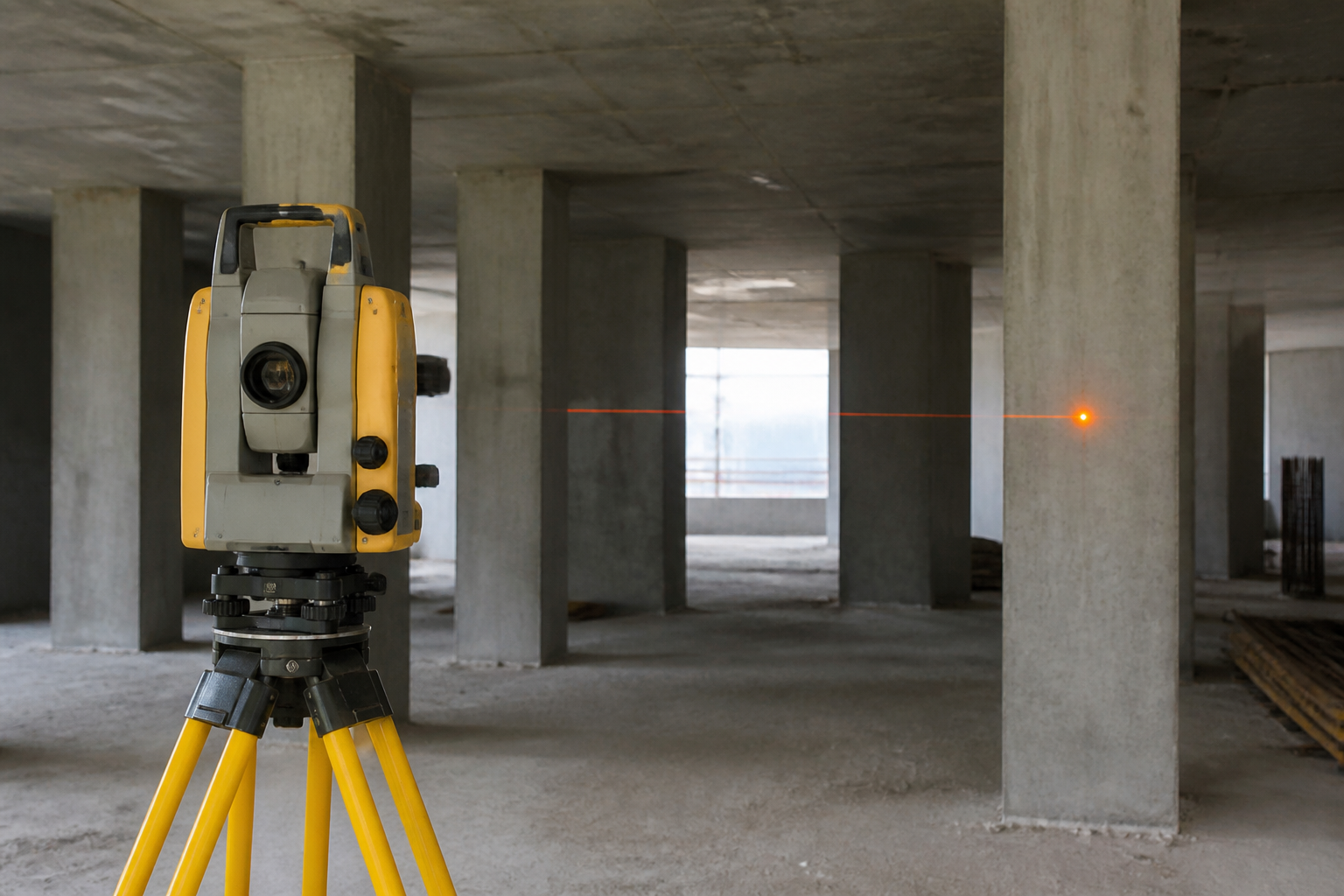 Surveying equipment on tripod inside an unfinished building