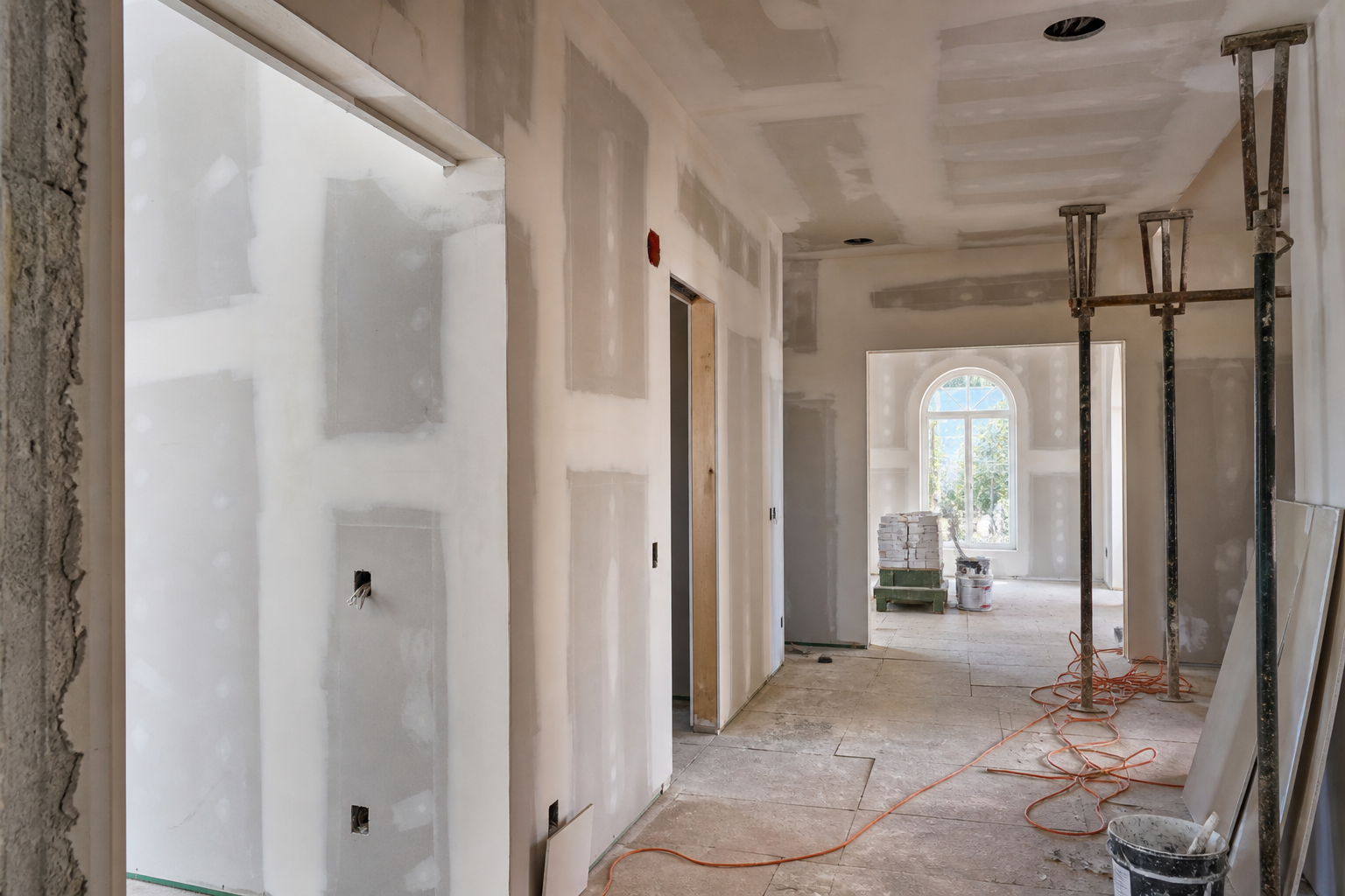 Active interior renovation site with drywall and scaffolding in progress