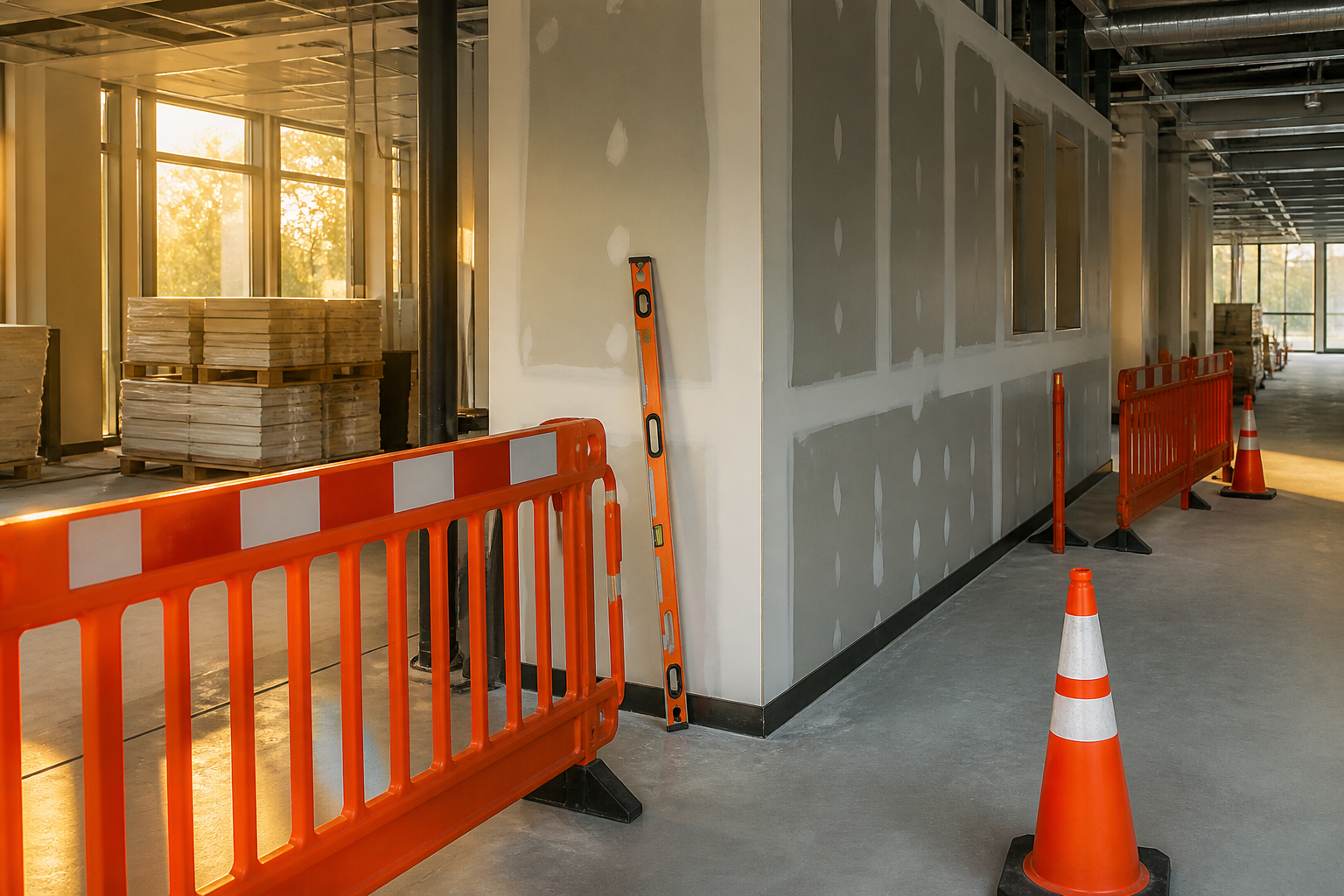 Organized construction checkpoint zone with orange safety barriers and materials on site