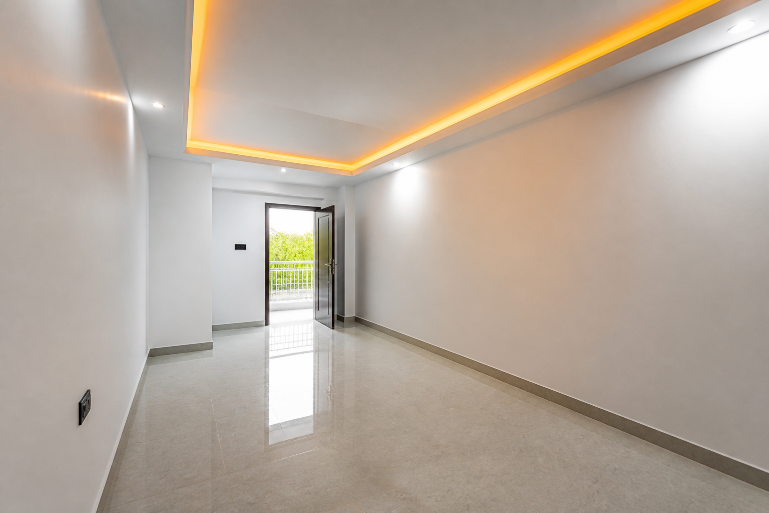 Completed renovated room with clean walls and polished floor ready for use