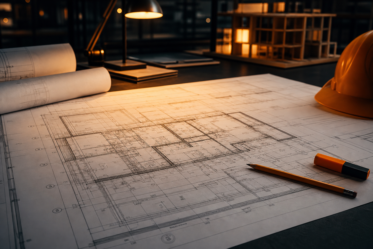 Architectural blueprints and planning materials on a construction project desk