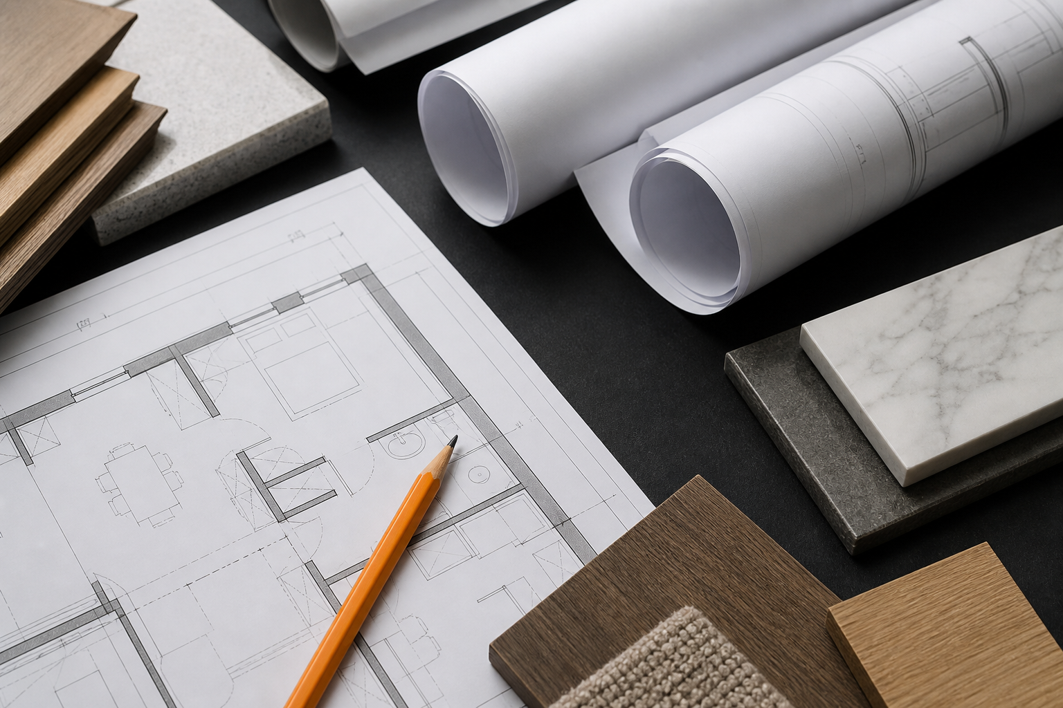 Technical drawings and material samples arranged for project planning