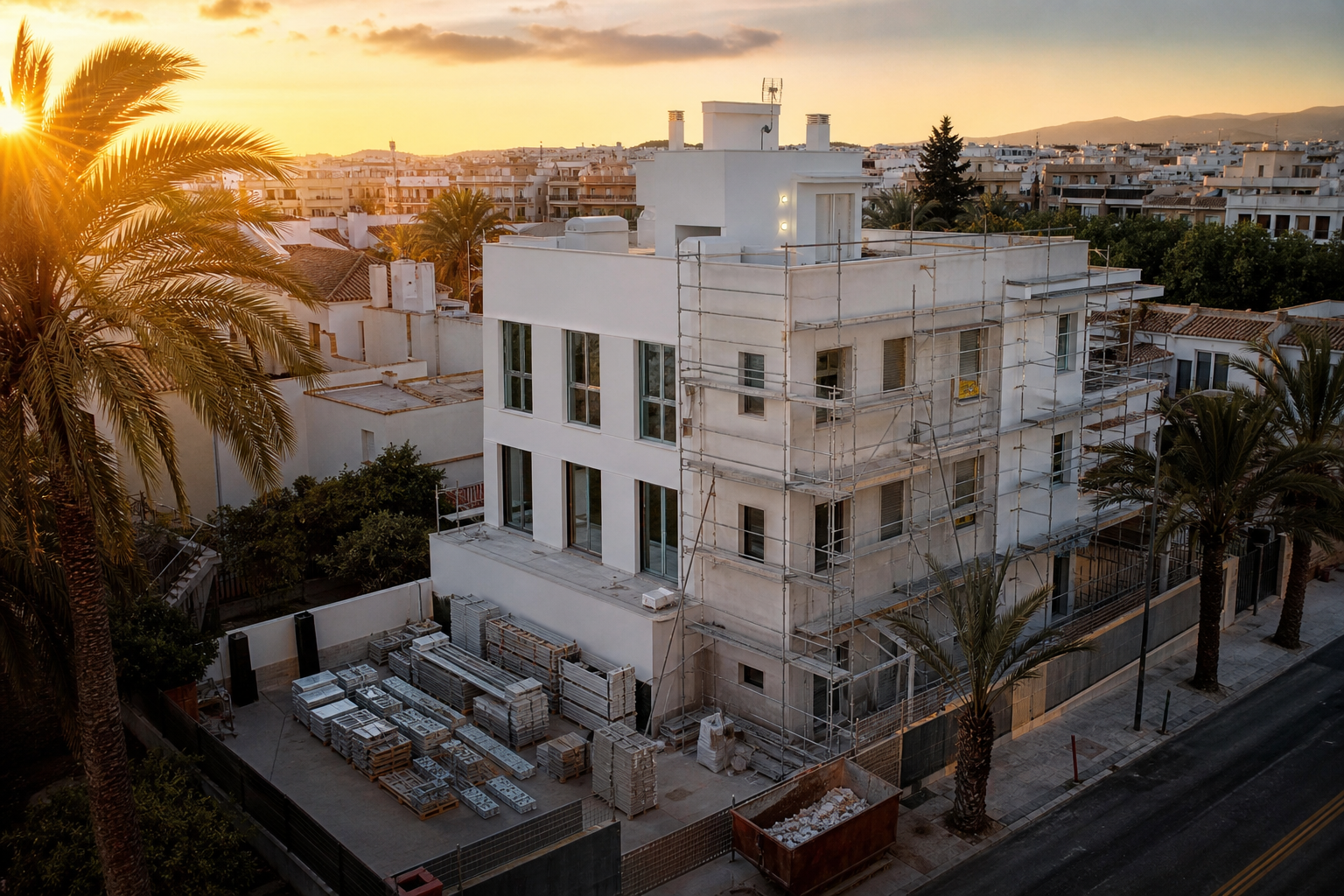 Exterior renovation site with scaffolding on a Mediterranean building facade