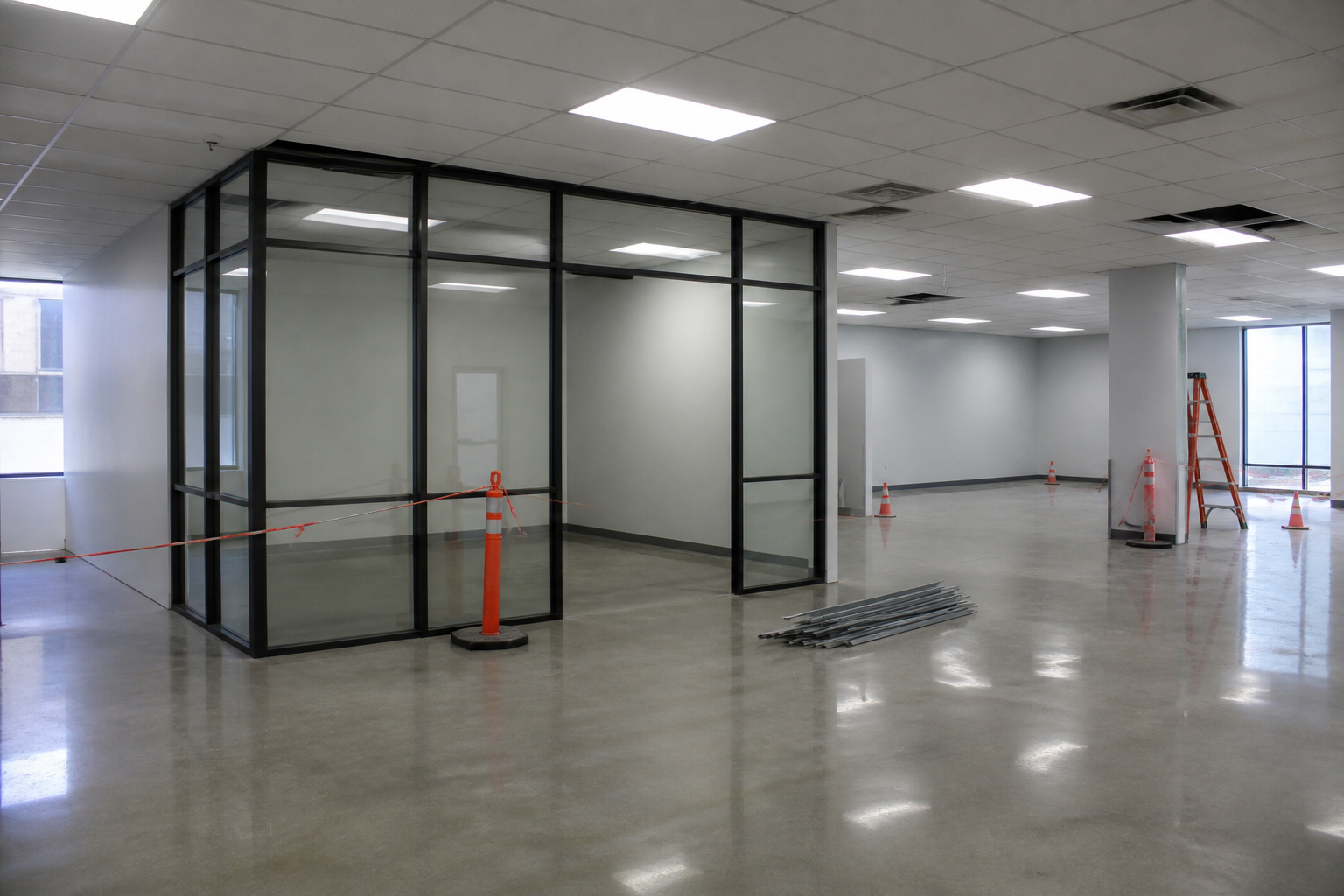 Commercial office fit-out with glass partitions and ceiling grid installation