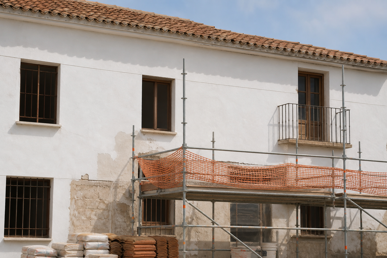 Mediterranean building facade restoration with scaffolding and terracotta tiles