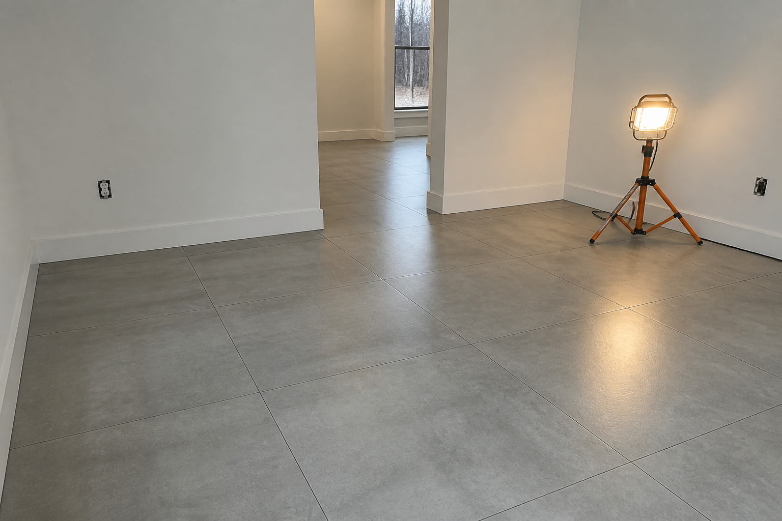 Premium interior finishing with large format floor tiles and white walls