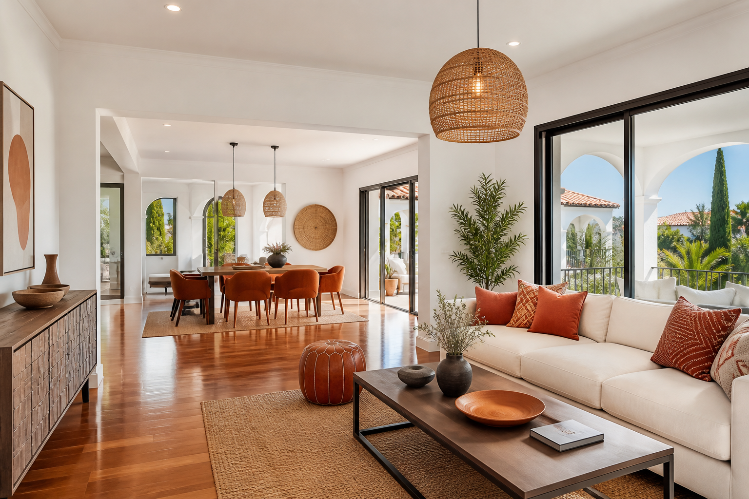 Complete renovated open plan living area with Mediterranean interior design