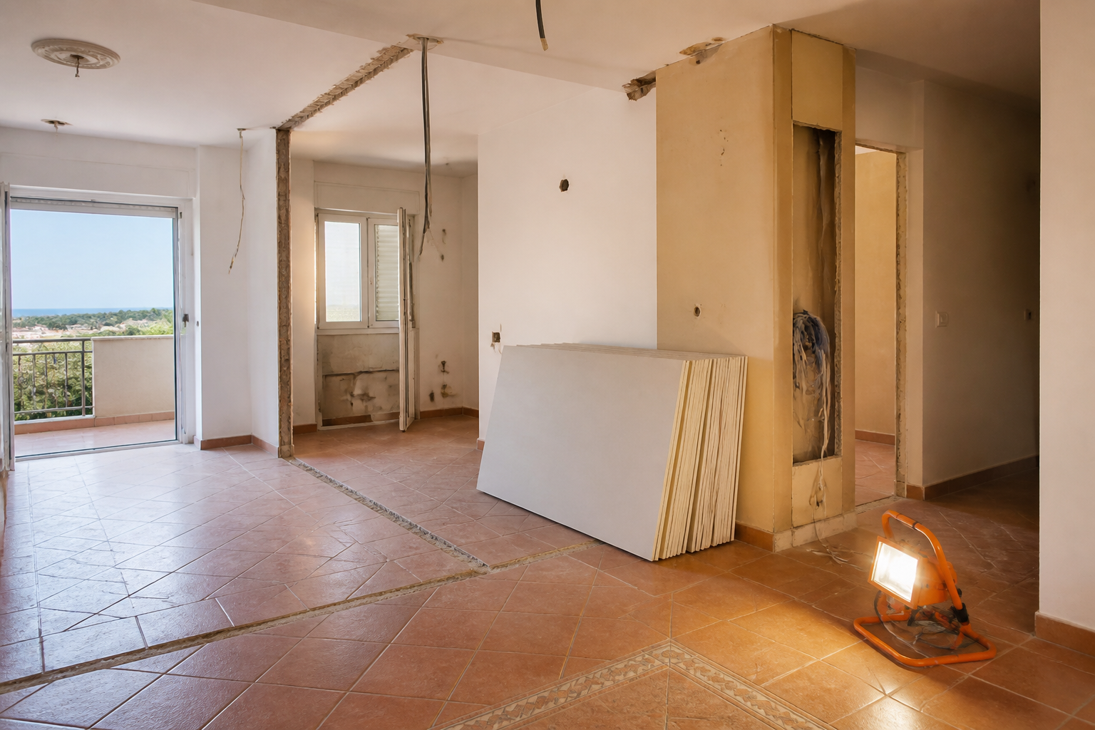 Residential apartment renovation with open plan layout and new drywall