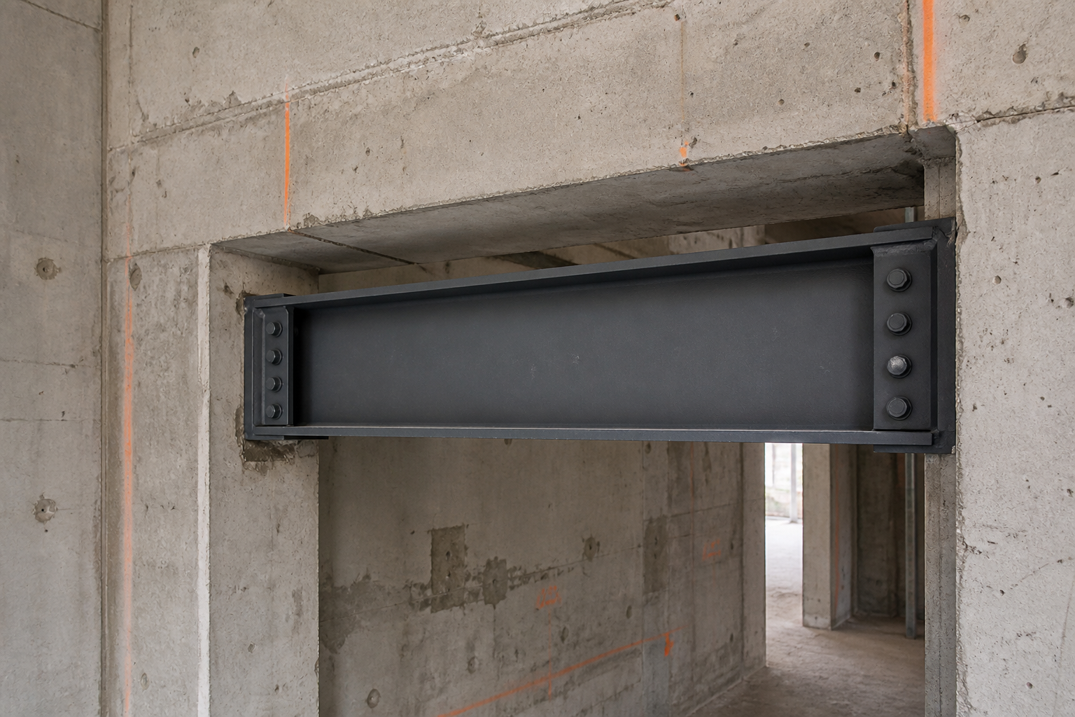 Steel beam structural modification in a concrete wall opening