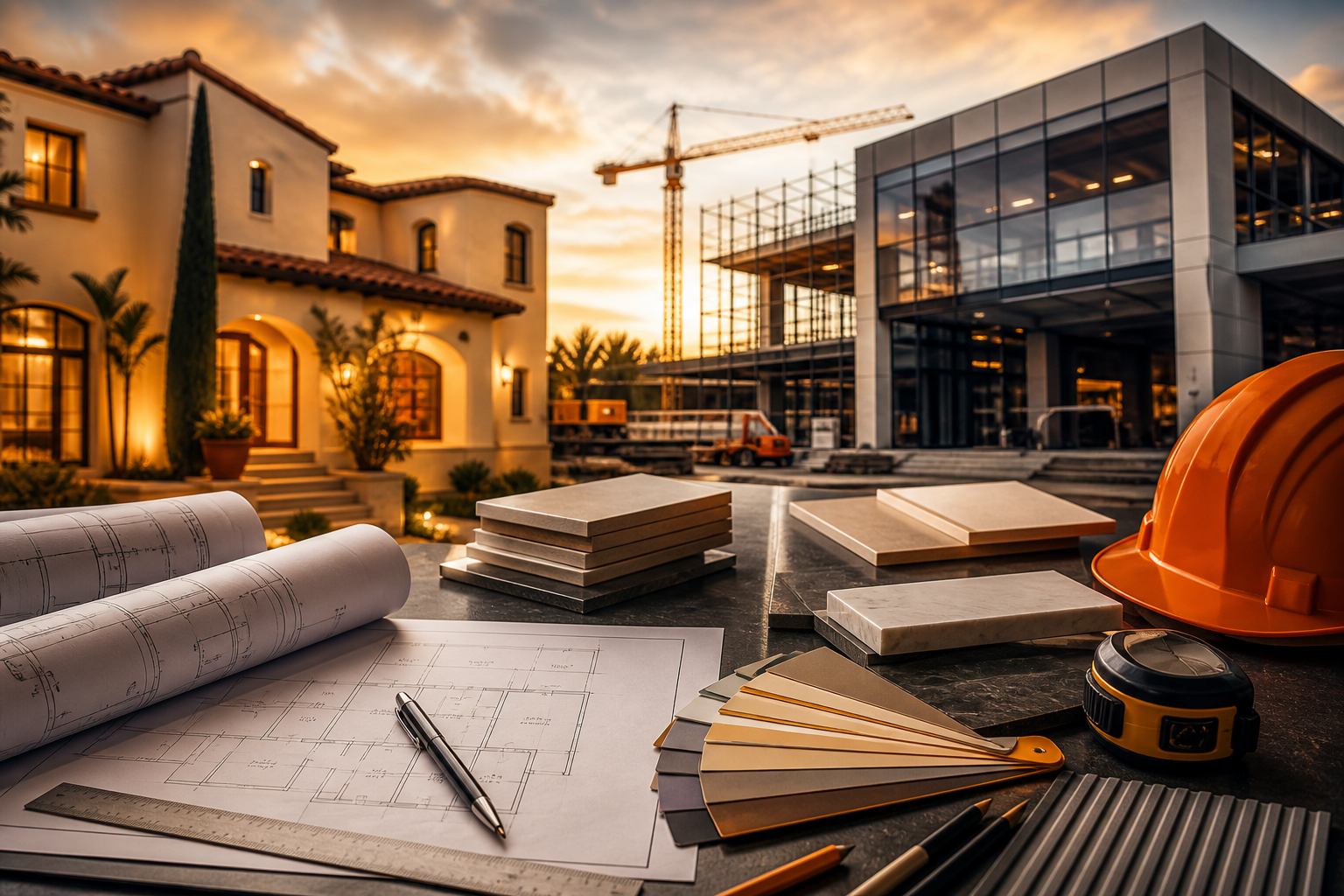 Construction planning materials and architectural tools representing diverse building services