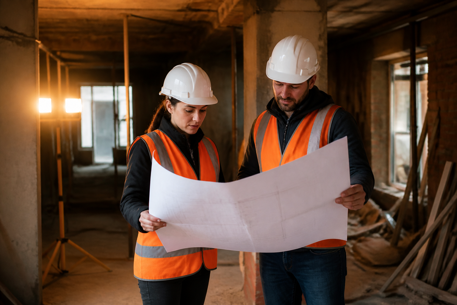 Construction team reviewing architectural plans on site