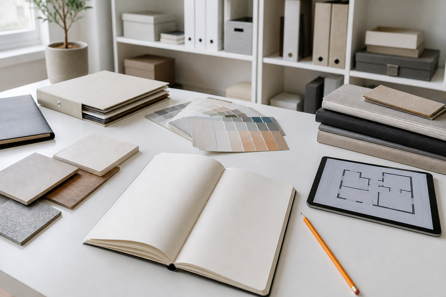 Organised renovation project planning desk with material folders and samples