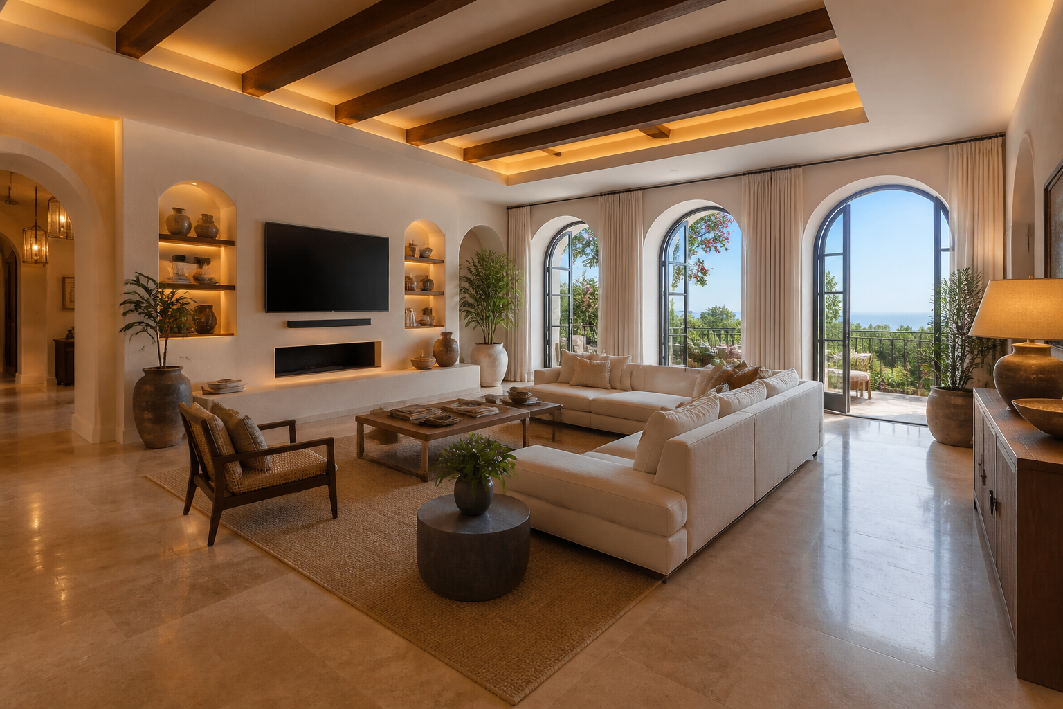 Elegant renovated Mediterranean living room with warm orange accent lighting