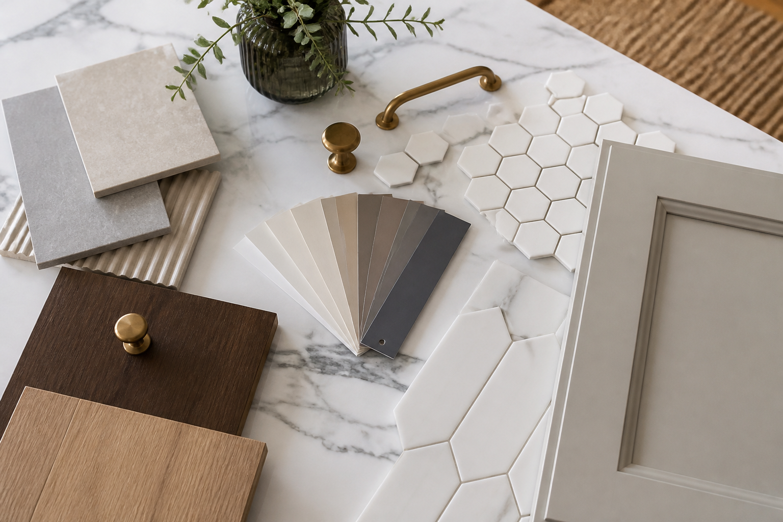 Premium tile and material samples arranged on a marble surface for quality selection