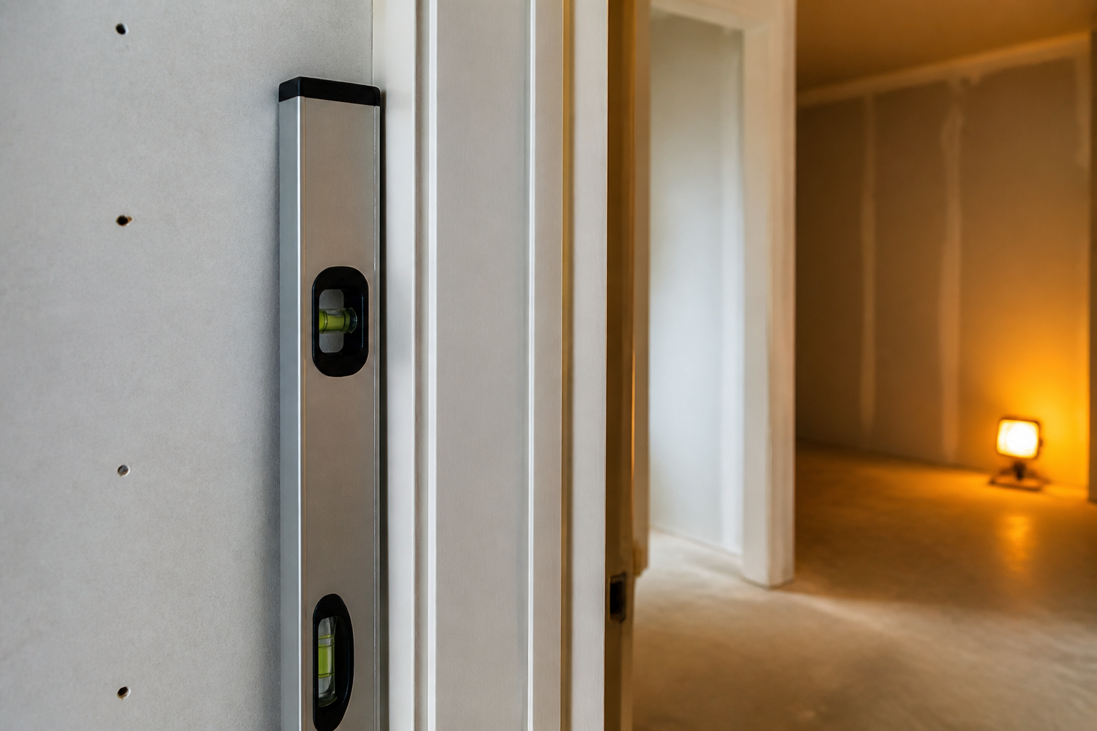 Perfectly aligned door frame with level tool in a renovated interior