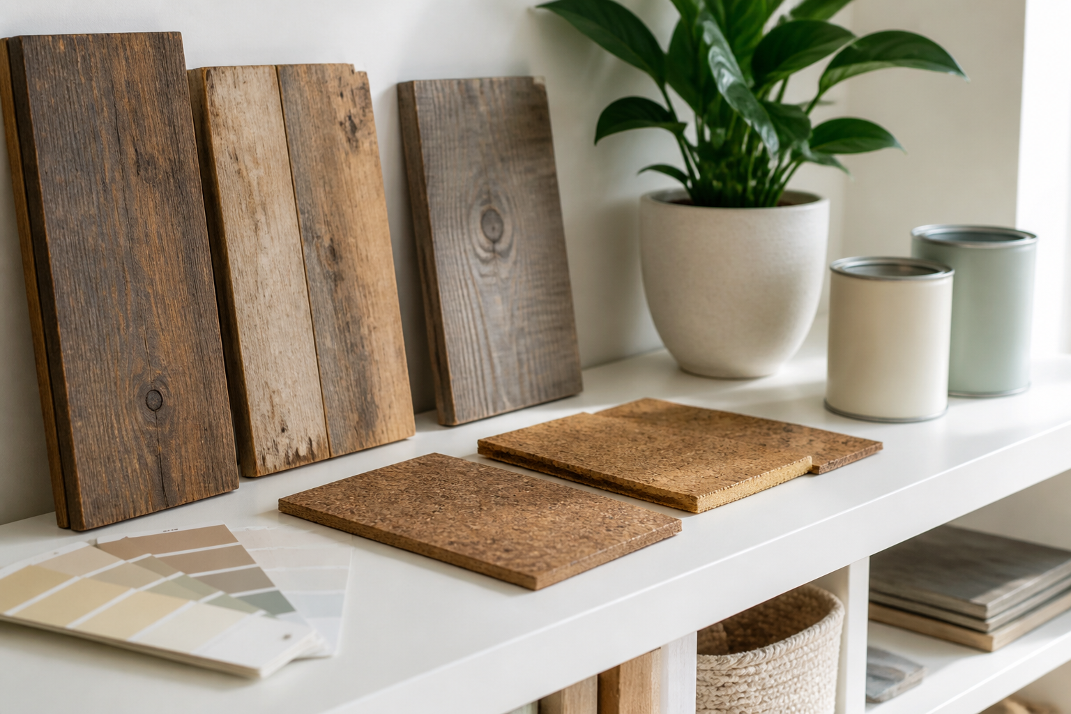 Sustainable renovation material samples displayed on a clean interior shelf